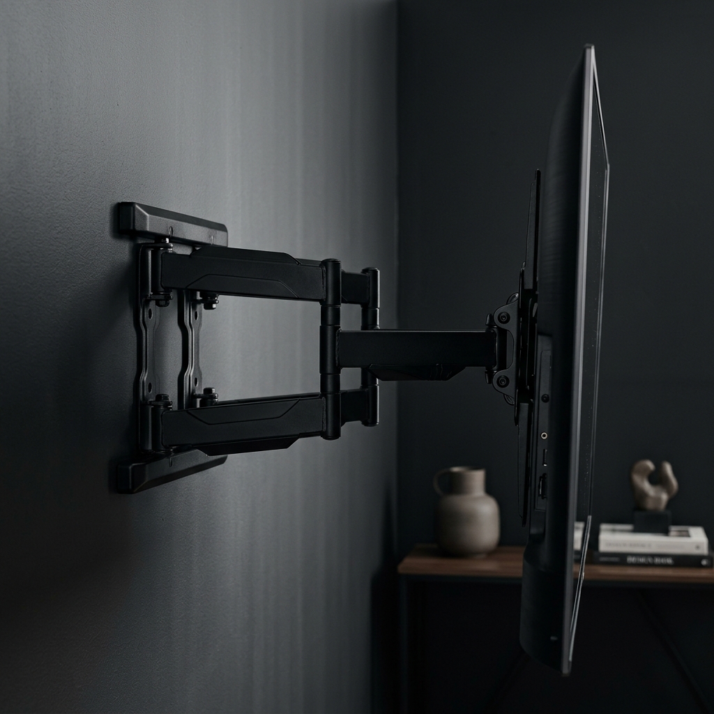 Sleek black articulating TV wall mount in a modern dark room
